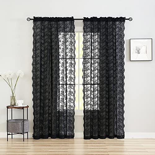 YJ YANJUN Black Sheer Curtains - 84 Inch Long Old Fashion Goth Curtains for Living Room Victorian Black Lace Window Curtains with Rod Pocket - Image 3