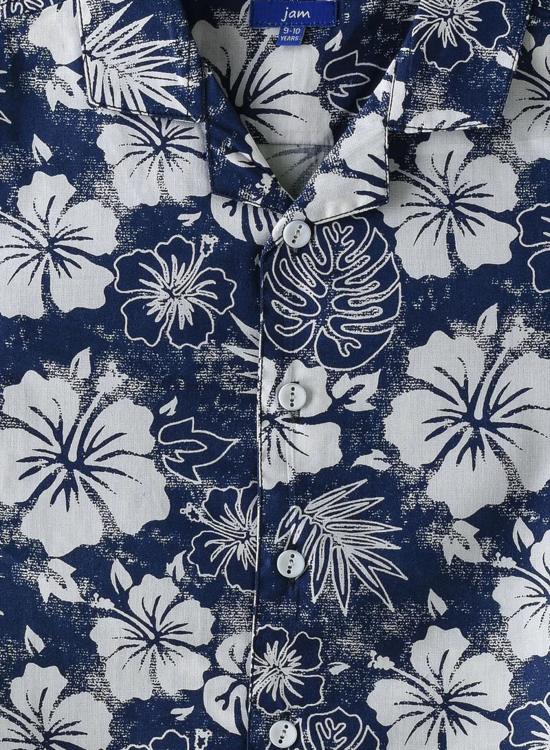 JAM Boys' Navy Blue Floral Print Cotton Shirt