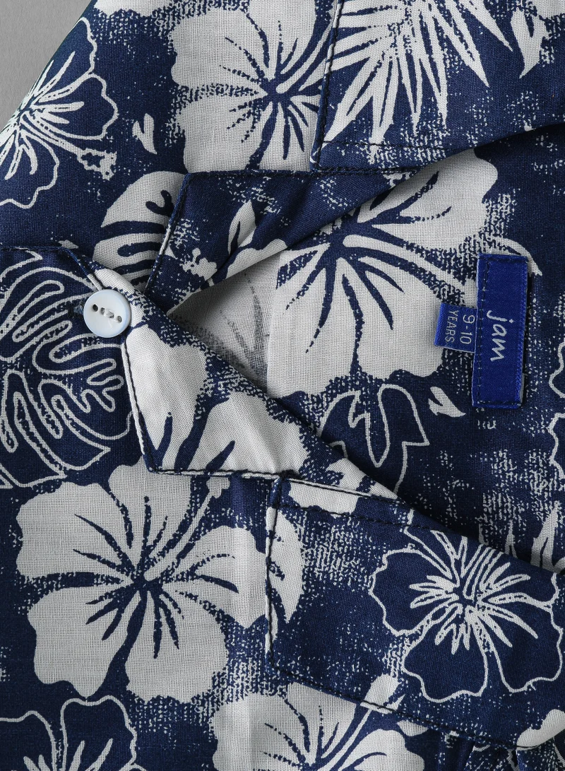 JAM Boys' Navy Blue Floral Print Cotton Shirt