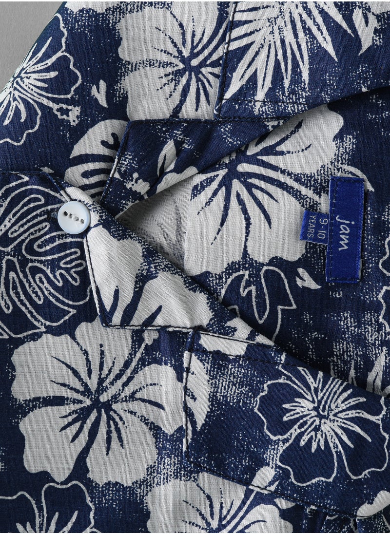 JAM Boys' Navy Blue Floral Print Cotton Shirt  - Image 4