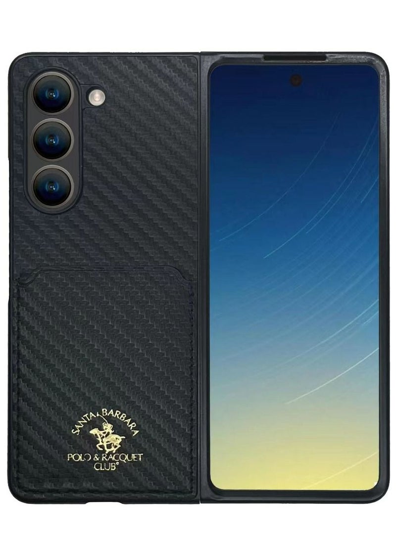 SANTA BARBARA POLO & RACQUET CLUB Kent series Genuine Back Case Carbon Fiber Pattern Leather Phone Case for Samsung Galaxy Z Fold 5 - Black  - Image 1