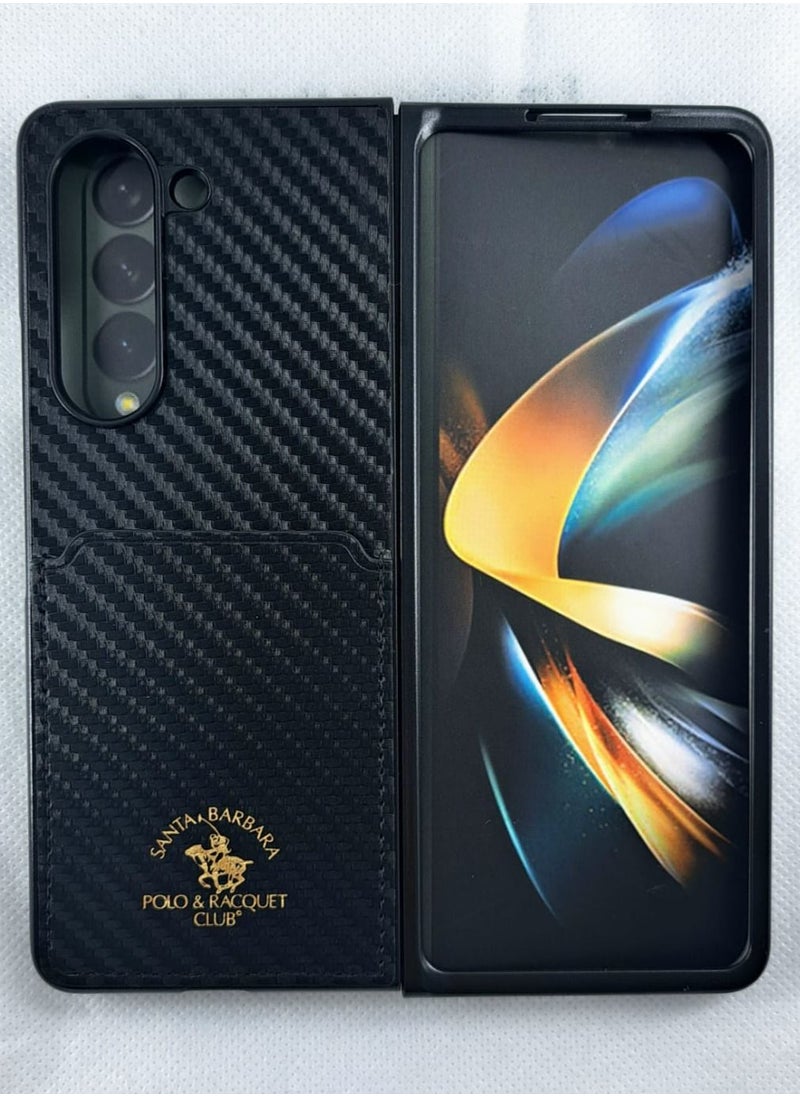 SANTA BARBARA POLO & RACQUET CLUB Kent series Genuine Back Case Carbon Fiber Pattern Leather Phone Case for Samsung Galaxy Z Fold 5 - Black  - Image 2