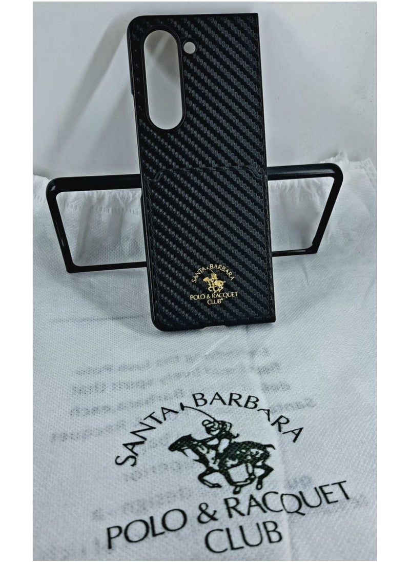 SANTA BARBARA POLO & RACQUET CLUB Kent series Genuine Back Case Carbon Fiber Pattern Leather Phone Case for Samsung Galaxy Z Fold 5 - Black  - Image 3