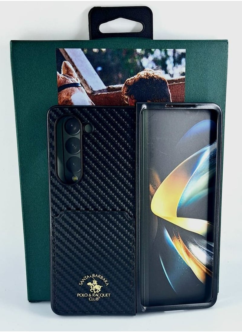 SANTA BARBARA POLO & RACQUET CLUB Kent series Genuine Back Case Carbon Fiber Pattern Leather Phone Case for Samsung Galaxy Z Fold 5 - Black  - Image 4