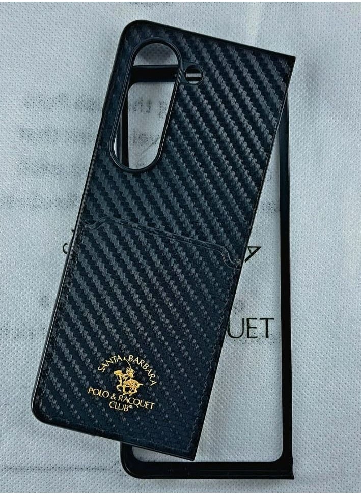 SANTA BARBARA POLO & RACQUET CLUB Kent series Genuine Back Case Carbon Fiber Pattern Leather Phone Case for Samsung Galaxy Z Fold 5 - Black  - Image 5