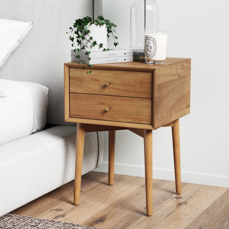 Nathan James 32704 Harper MidCentury Oak Wood Nightstand with 2Drawers Small Side End Table with Storage Brown