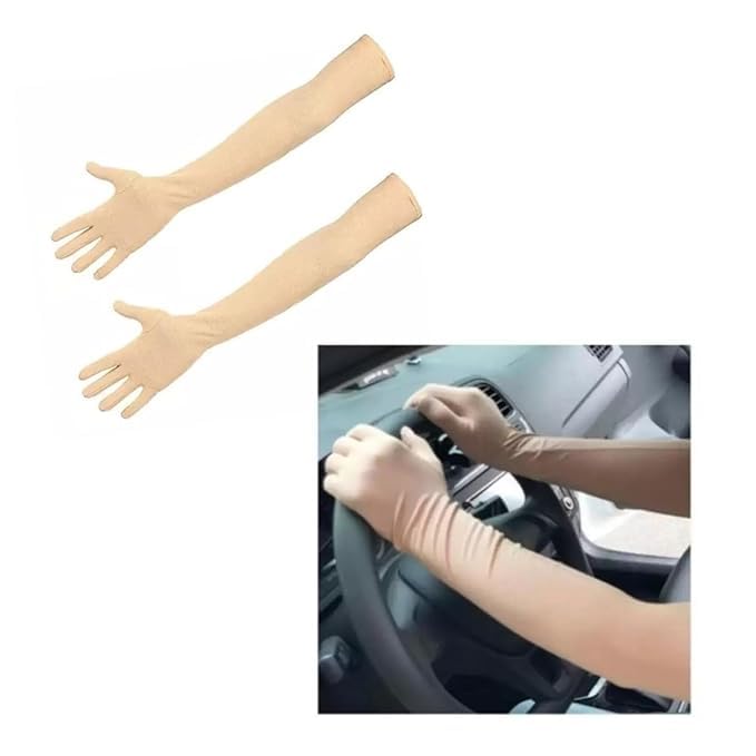 Tradehub® Men's & Women's Cotton Pollution and Sunburn Sunlight Protection Full Hand Gloves arm sleeves glove for Biking and Driving Summer glove Dust- Beige (Pack of 1 Pair, Skin) - Image 3