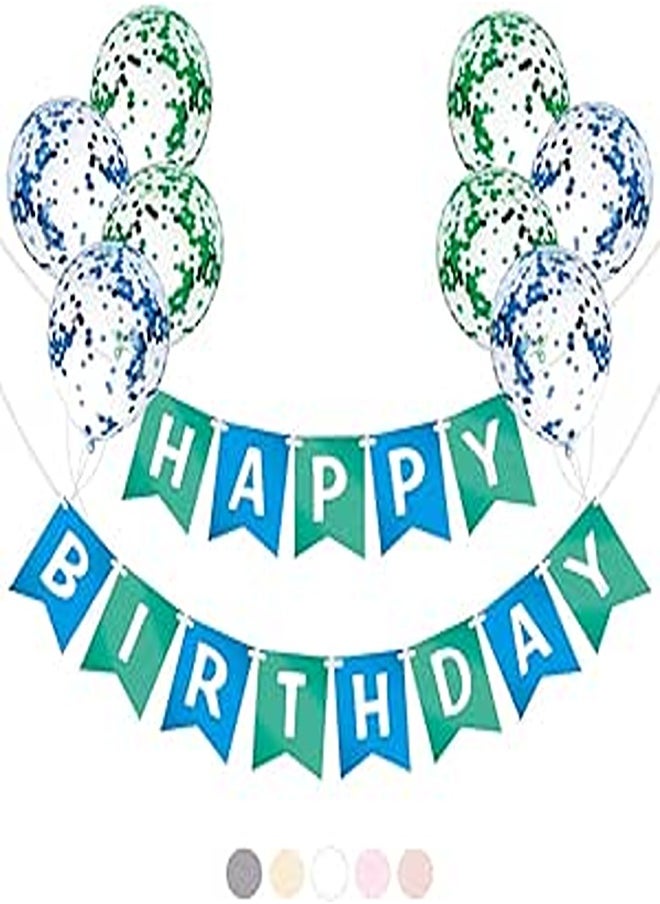 PartyBro Pre-assembled Happy Birthday Banner with Confetti Balloons | Birthday Bunting | Birthday Decoration for Boys and Men | Blue Birthday Banner with Green & Blue Balloons and Balloon Ribbon 