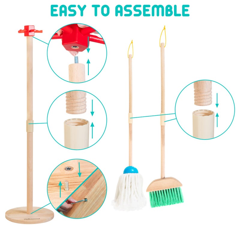 HELLOWOOD Kids Cleaning Set, 8 Pcs Wooden Housekeeping Play Set Includes Broom Mop Duster Dustpan Brushes Rag and Organizing Stand, Cleaning Toys Gift for Toddlers Girls Boys Age 3-6, Solid Beech Wood - Image 4