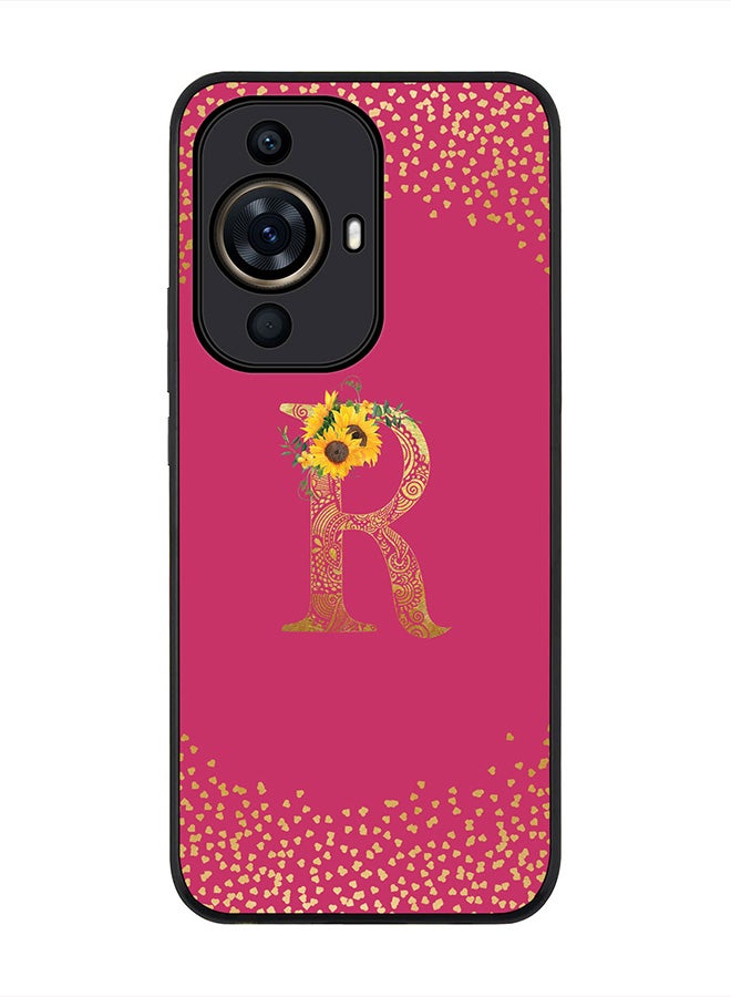 Stylizedd Rugged Black Edge case for Huawei nova 11 Pro, Slim fit Soft Case Custom Monogram Initial Letter Mandala Floral Pattern Alphabet-R (Dark Pink Rose) - Image 1