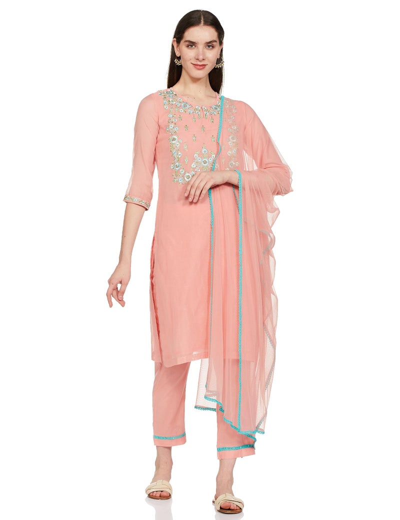 Biba WOMEN YARNDYED NARROW SALWAR KURTA DUPATTA(SKD7456E_PEACH_34) - Image 2