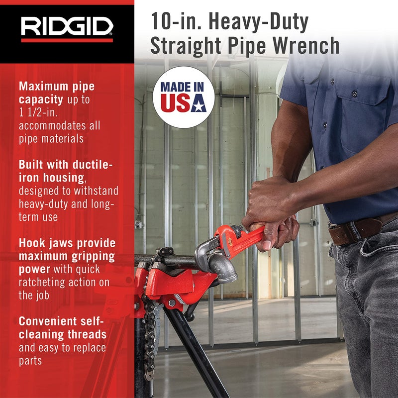 RIDGID 31010 Model 10 Heavy-Duty Straight Pipe Wrench, 10-inch Plumbing Wrench, Red, Black, 250mm (10in) - Image 2