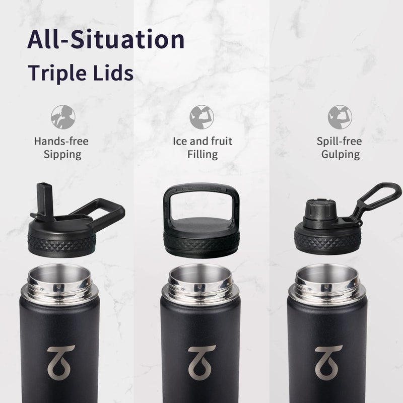 Trebo 24 oz Water Bottle Insulated with Lid and Straw Double Wall Vacuum Stainless Steel Metal Tumbler Sports Flask with Paracord Handle  Keep Hot 24 Hours & Cold 48 Hours Water Cup with 3 Lids  Black - Image 2