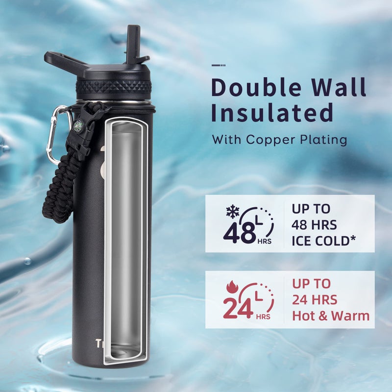 Trebo 24 oz Water Bottle Insulated with Lid and Straw Double Wall Vacuum Stainless Steel Metal Tumbler Sports Flask with Paracord Handle  Keep Hot 24 Hours & Cold 48 Hours Water Cup with 3 Lids  Black - Image 1
