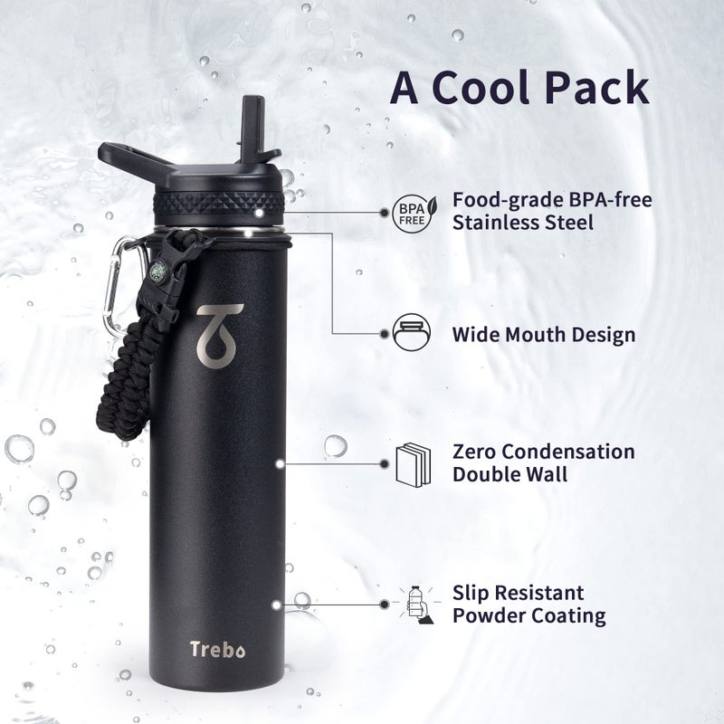 Trebo 24 oz Water Bottle Insulated with Lid and Straw Double Wall Vacuum Stainless Steel Metal Tumbler Sports Flask with Paracord Handle  Keep Hot 24 Hours & Cold 48 Hours Water Cup with 3 Lids  Black - Image 4