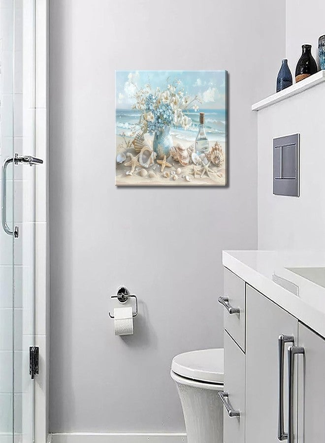 AKOTAC Blue Ocean Beach Bathroom Canvas Wall Art Seaside Seashell Painting Print Artwork Starfish with White Flower Coastal Picture Wall Decor for Living Room Bedroom Bathroom Decoration - Image 4