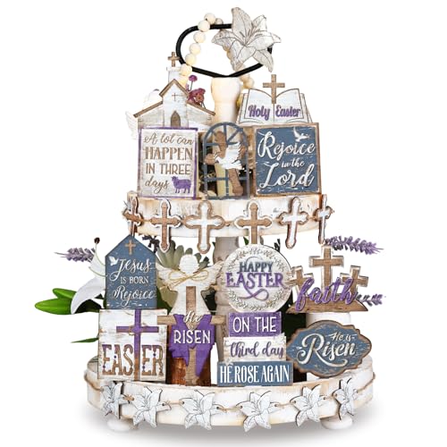 Amyhill 29 Pcs Religious Easter Tiered Tray Decor Christian Easter Decorations He is Risen Cross Lily Purple Wooden Signs Rustic Farmhouse Spring Table Decor for Home Kitchen Shelf - Image 1