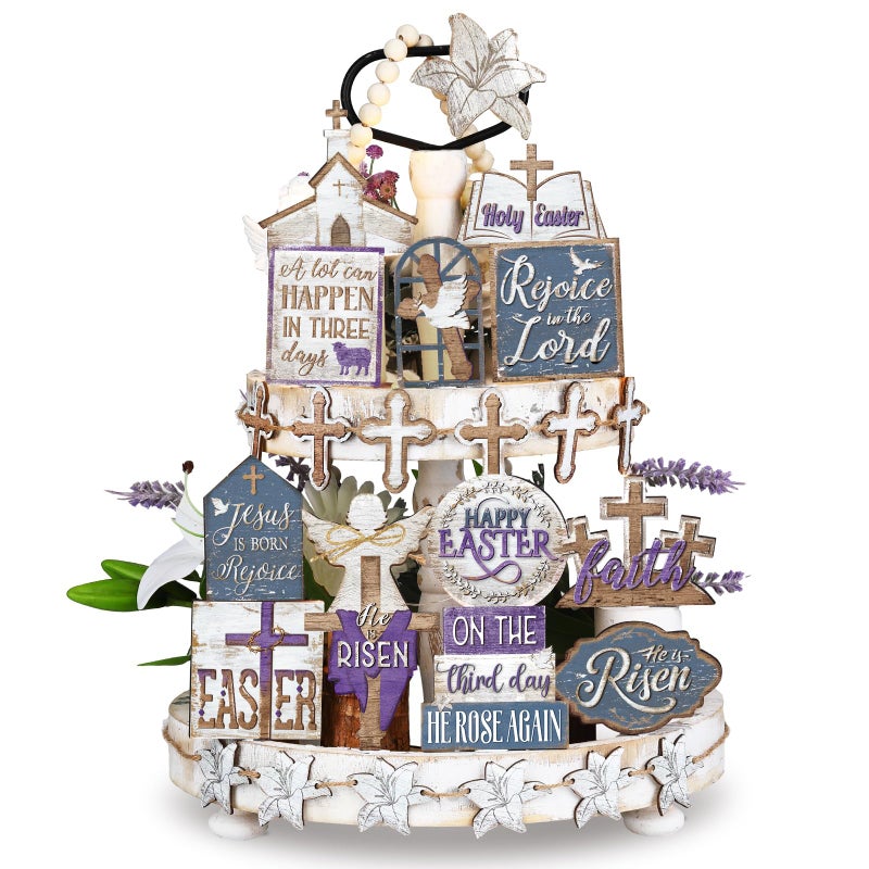 Amyhill 29 Pcs Religious Easter Tiered Tray Decor Christian Easter Decorations He is Risen Cross Lily Purple Wooden Signs Rustic Farmhouse Spring Table Decor for Home Kitchen Shelf - Image 2