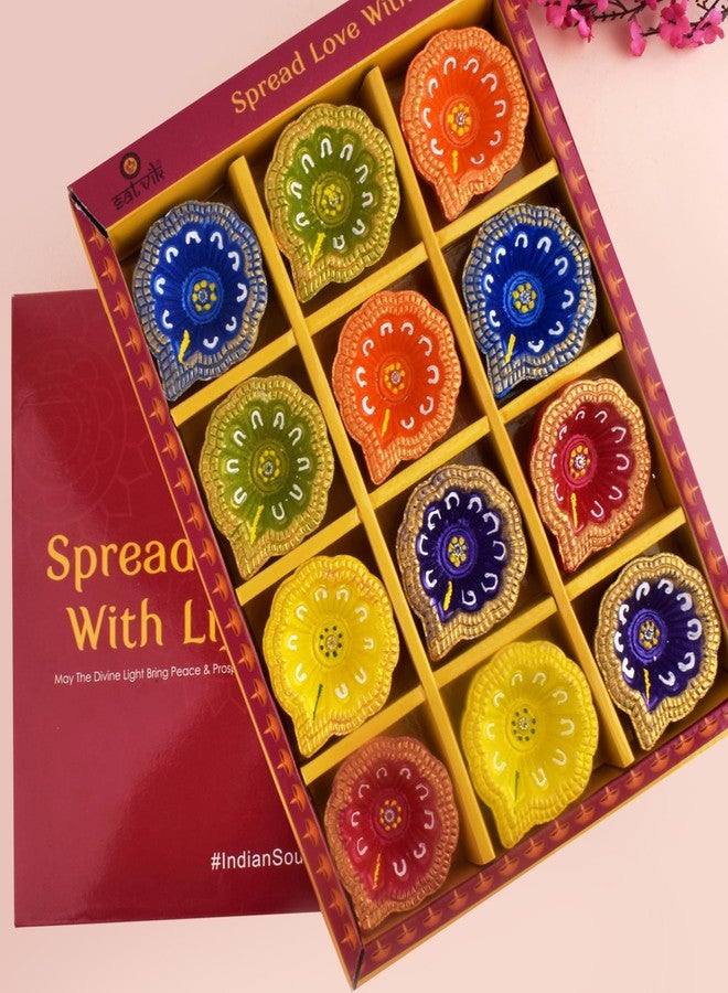SATVIK STORE SATVIK 12 قطعة من الطين متعدد الألوان Diya مع ملصق Laxmi Charan Terracotta Dia التقليدي Puja Vilakku مصباح الزيت الطبيعي Mitti Diya Tea Deepawali Navratri Pooja ديكورات هدية الإرجاع لمنزل جديد - Image 1