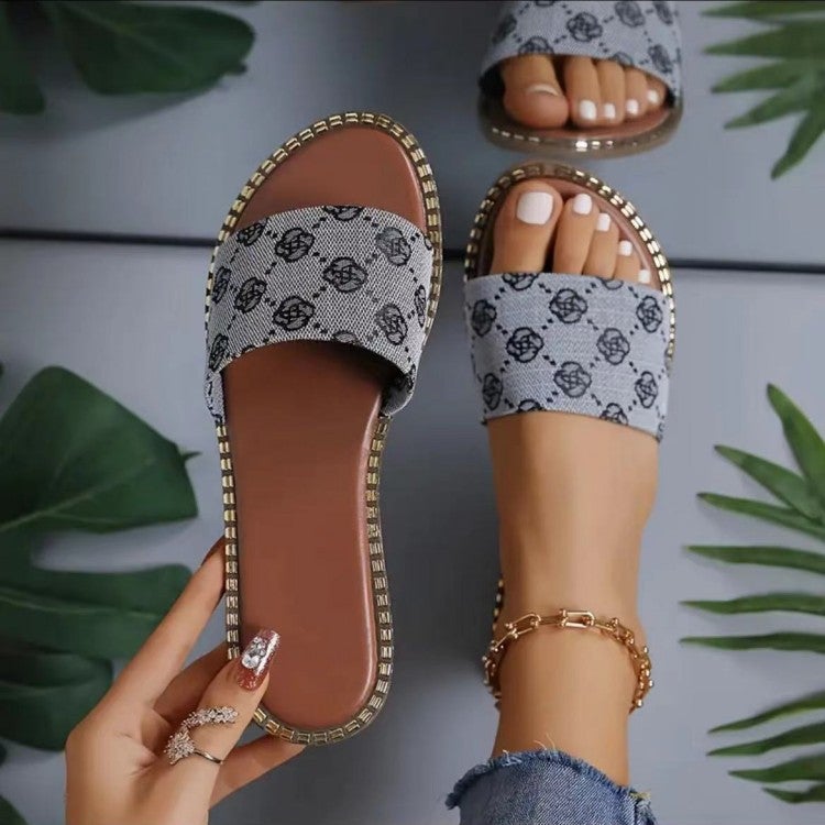 European and American Foreign Trade Flat Cloth Embroidered Slippers Womens Cross-border Wear Lightweight Beach Sandals and Slippers slippers Grey 