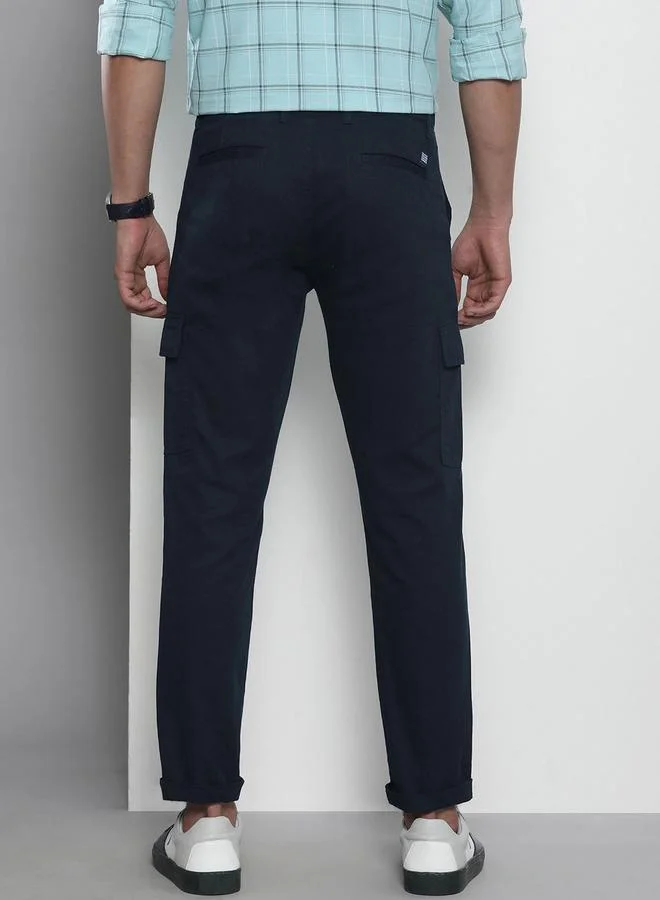 The Indian Garage Co Navy Blue Men Navy Blue Regular Fit Solid Cargo Pants for Men | Best Price UAE