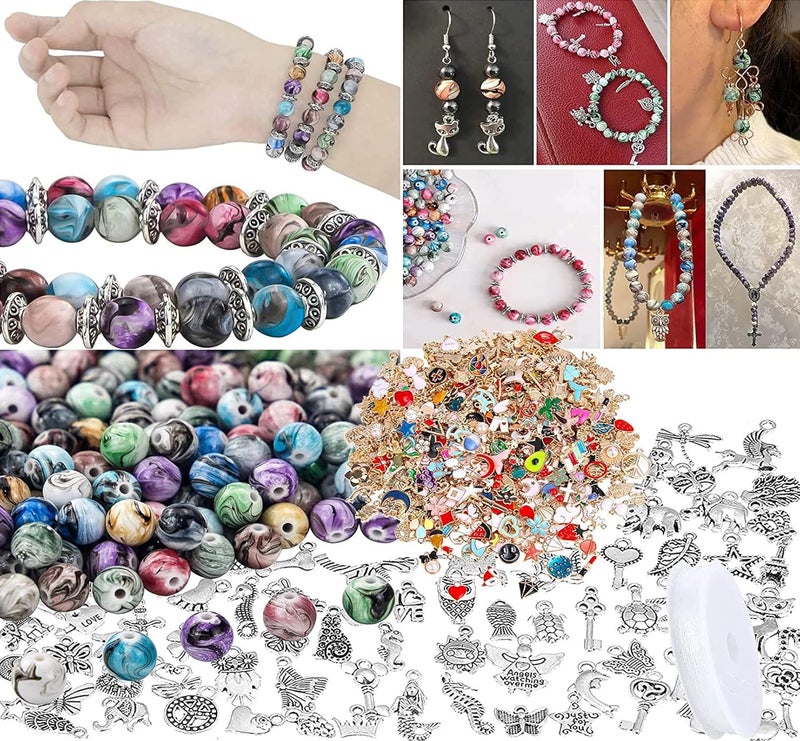 DIY Crafts DIY Crafts 1 Set, Multi Color, 1 Set Contain = 5x Tibetan Charms 5x Multi Charms 10x Space Acrylic Beads Ink Patterns 1x Crystal String 25x Beads 4-8mm, for Bracelets Necklac (1 Set, Multi Color) - Image 1