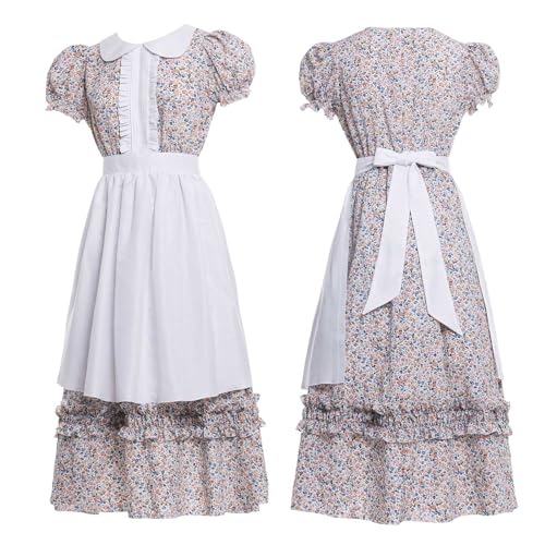 Vibsion Women Pioneer Colonial Dress Floral Prairie Dresses Pilgrim Costume Historical Pioneer Trek Clothing 3Pcs XXL - Image 2