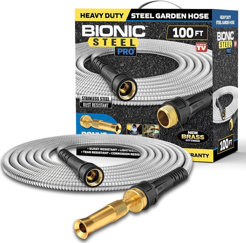 BIONIC STEEL PRO 100 Ft Garden Hose with Nozzle, Premium 304 Stainless Steel Metal Water Hose 100Ft Flexible Hose, Rust Proof, Lightweight, Heavy Duty, Crush Resistant Fittings, 500 PSI, 2025 Model - Image 1