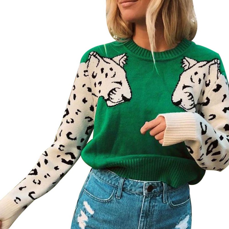 JUNBOON Womenâ€™s Casual Leopard Print Knitted Pullover Sweaters Long Sleeve Crew Neck Jumper Tops Green - Image 2