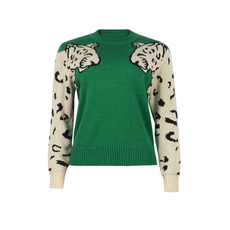 JUNBOON Womenâ€™s Casual Leopard Print Knitted Pullover Sweaters Long Sleeve Crew Neck Jumper Tops Green - Image 3