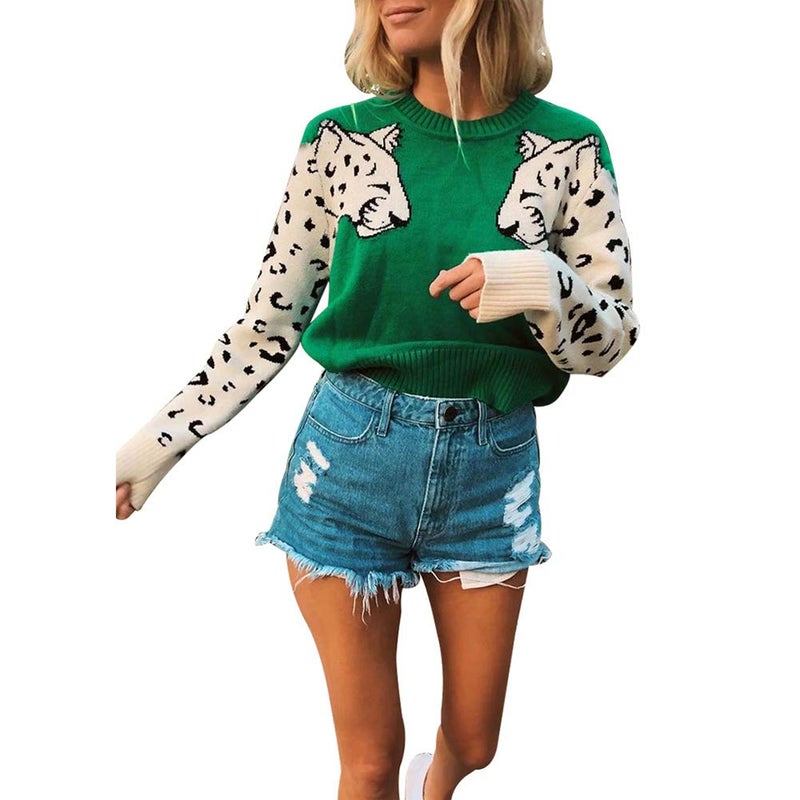 JUNBOON Womenâ€™s Casual Leopard Print Knitted Pullover Sweaters Long Sleeve Crew Neck Jumper Tops Green - Image 1