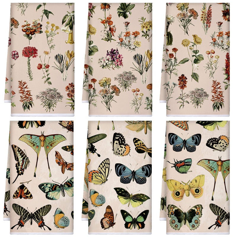 Boyiee Set of 6 Wildflower Kitchen Towels Vintage Cottage Core Tea Towels Absorbent Butterfly Plant Floral Hand Dish Clothes Gifts for Holiday Farmhouse Kitchen Bathroom Decorations, 24 x 16 Inches - Image 1