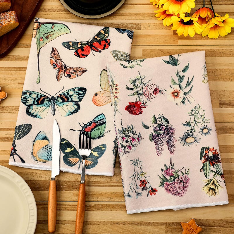 Boyiee Set of 6 Wildflower Kitchen Towels Vintage Cottage Core Tea Towels Absorbent Butterfly Plant Floral Hand Dish Clothes Gifts for Holiday Farmhouse Kitchen Bathroom Decorations, 24 x 16 Inches - Image 3