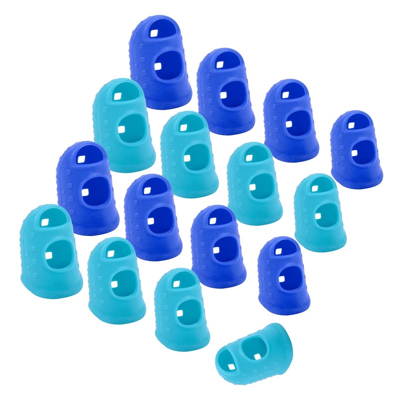 Wisdompro 16 Pcs Finger Tips, 4 Sizes Silicone Thimble Fingertip Grips Finger Protectors Pads Cover for Paper Sorting, Page Turning, Hand Sewing, Money Counting, Guitar Playing - Blue, Aqua - Image 1