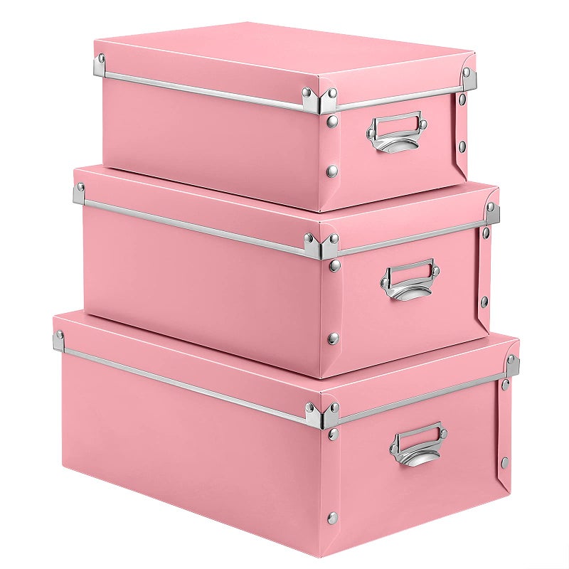 SEEKIND Storage Box Decorative Storage Bins with Lid3 in 1 SetPlasticwith HandlesPressStud FasteningMoistureproofFoldable for Space Saving Storagefor ClothesCosmeticBlankets Pink