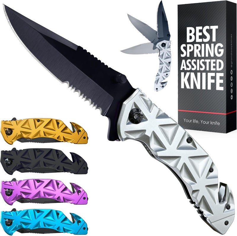 GOOD WORKER Pocket Knife for Men - 3in1 Multi Tool Knife - Wire Cutter, Glass Breaker, Serrated Sharp 3.5" Blade - Tactical Spring Assisted Folding Knives for Hunting Camping - Best Gift Idea for Men Women HB 207 - Image 1