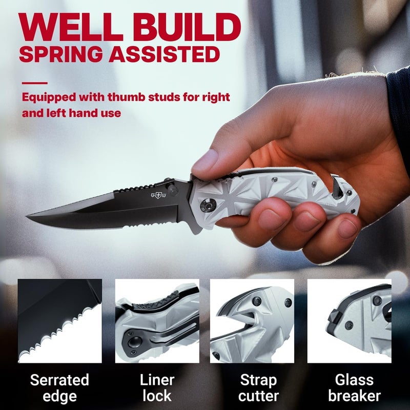 GOOD WORKER Pocket Knife for Men - 3in1 Multi Tool Knife - Wire Cutter, Glass Breaker, Serrated Sharp 3.5" Blade - Tactical Spring Assisted Folding Knives for Hunting Camping - Best Gift Idea for Men Women HB 207 - Image 3