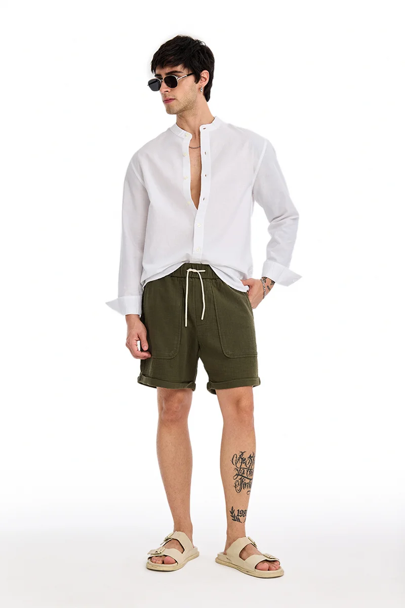 SNITCH Olive Textured Relaxed Casual Shorts