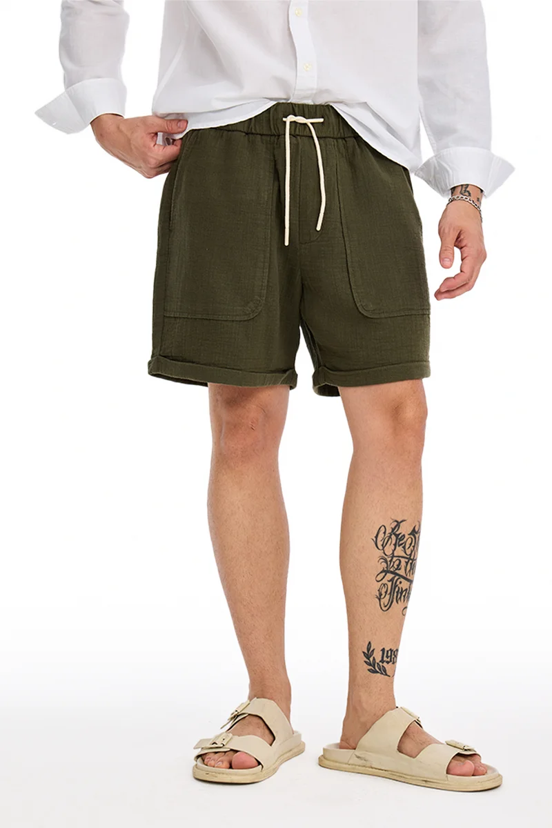 SNITCH Olive Textured Relaxed Casual Shorts