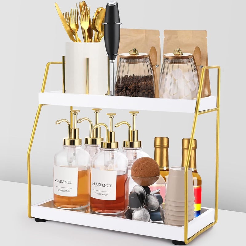 DWTS Coffee Bar Accessories,Coffee Station Organizer with Multi-Functional,CoffeeBar Decor for Accessories,2 Tier Wooden Shelf Gold Metal Station Organizer for Countertop,Syrup - Image 1