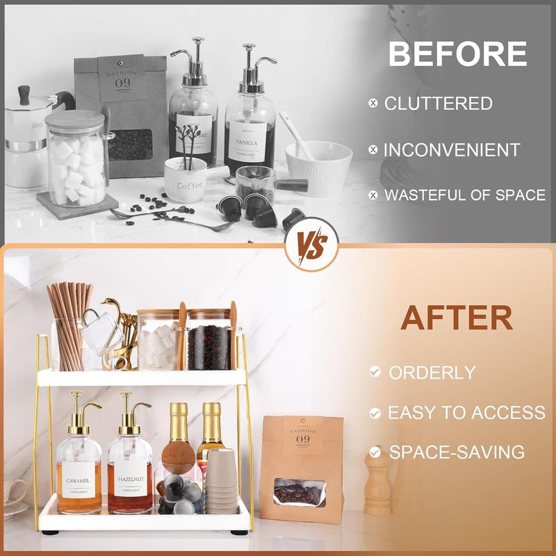 DWTS Coffee Bar Accessories,Coffee Station Organizer with Multi-Functional,CoffeeBar Decor for Accessories,2 Tier Wooden Shelf Gold Metal Station Organizer for Countertop,Syrup - Image 5