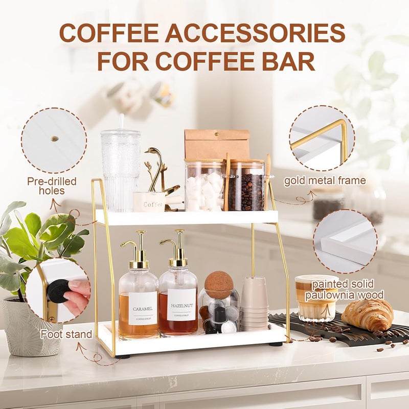 DWTS Coffee Bar Accessories,Coffee Station Organizer with Multi-Functional,CoffeeBar Decor for Accessories,2 Tier Wooden Shelf Gold Metal Station Organizer for Countertop,Syrup - Image 4