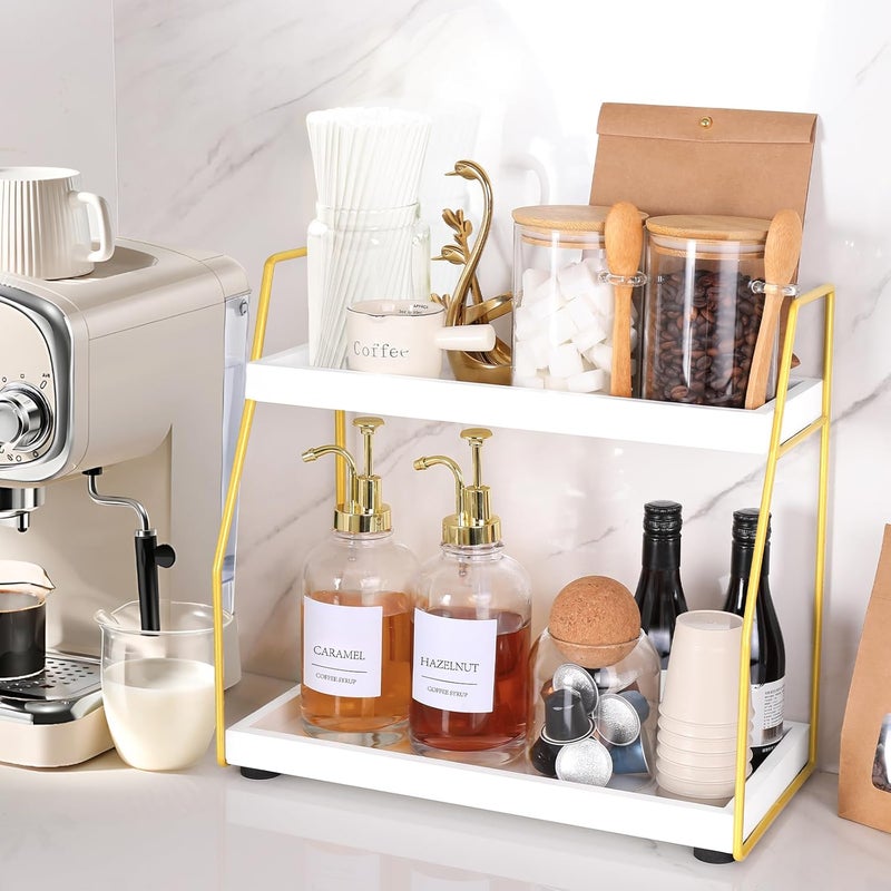 DWTS Coffee Bar Accessories,Coffee Station Organizer with Multi-Functional,CoffeeBar Decor for Accessories,2 Tier Wooden Shelf Gold Metal Station Organizer for Countertop,Syrup - Image 2