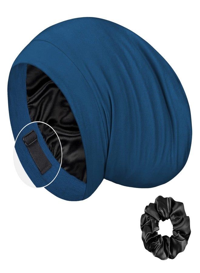 LULUSILK Mulberry Silk Bonnet for Sleeping Women, Real Silk Sleep Cap for Curly Hair and Braids, Pure Head Wrap with Scrunchies, Bijou Blue - Image 1