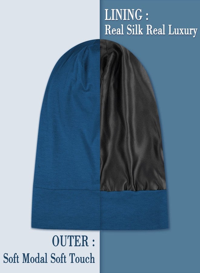 LULUSILK Mulberry Silk Bonnet for Sleeping Women, Real Silk Sleep Cap for Curly Hair and Braids, Pure Head Wrap with Scrunchies, Bijou Blue - Image 2