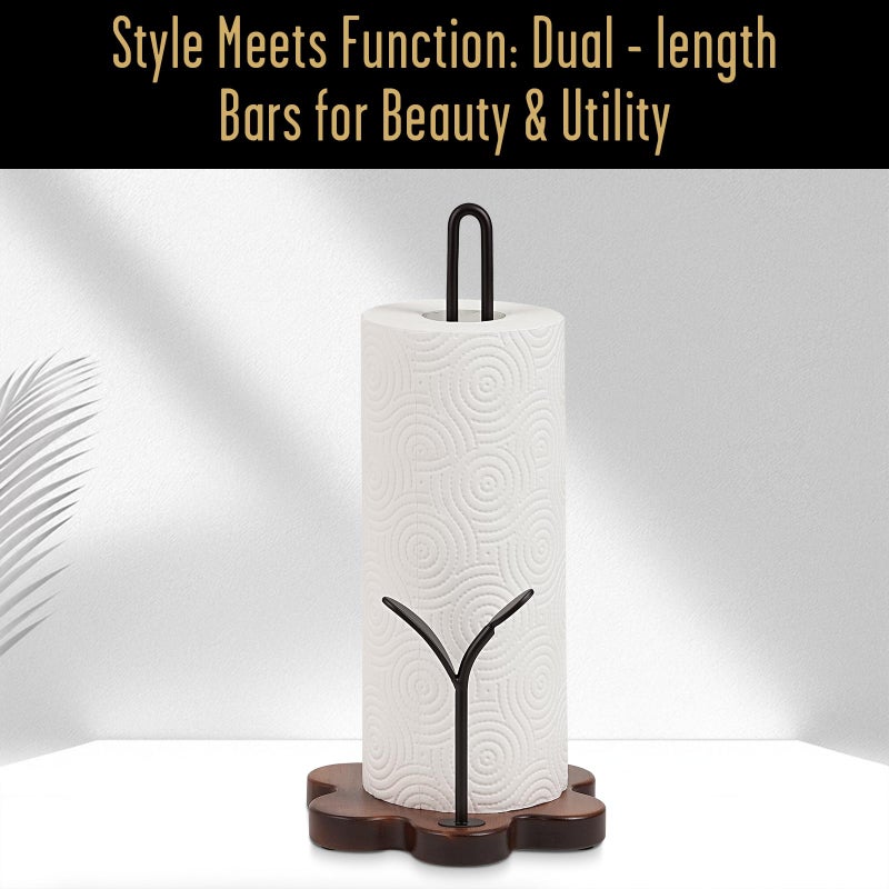 Tocemei Wooden Paper Towel Holder Countertop, Floral Base with Dual Iron Rods in Antique Brown Finish, Leaf-Shaped Accent, Stable & Durable, Non Slip Pads, Elegant Kitchen/Dining DÃ©cor - Image 4