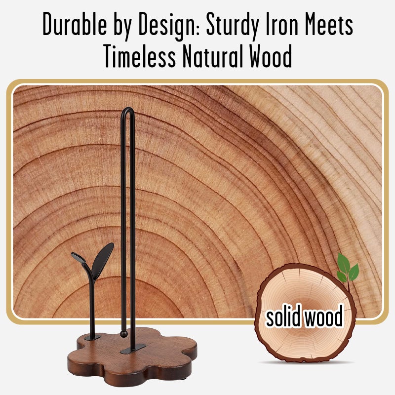 Tocemei Wooden Paper Towel Holder Countertop, Floral Base with Dual Iron Rods in Antique Brown Finish, Leaf-Shaped Accent, Stable & Durable, Non Slip Pads, Elegant Kitchen/Dining DÃ©cor - Image 3