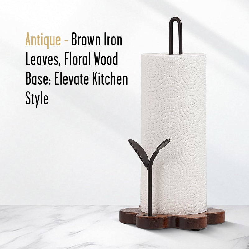 Tocemei Wooden Paper Towel Holder Countertop, Floral Base with Dual Iron Rods in Antique Brown Finish, Leaf-Shaped Accent, Stable & Durable, Non Slip Pads, Elegant Kitchen/Dining DÃ©cor - Image 2