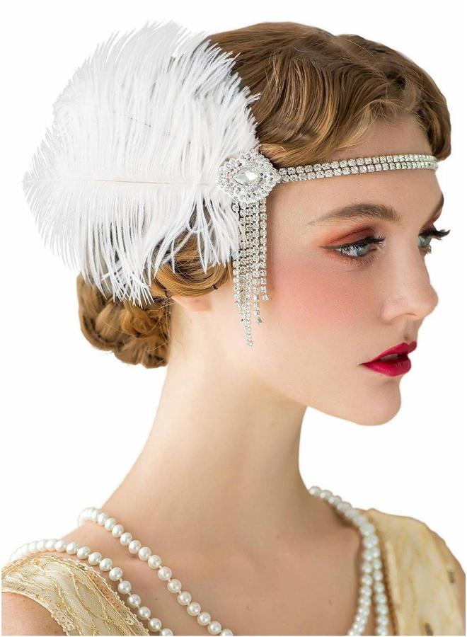 1920s Flapper Headband, Great Gatsby Inspired Feather Headpiece 20s Art Deco Hair Accessories Headband Party Rhinestone for Women, Ivory - Image 1
