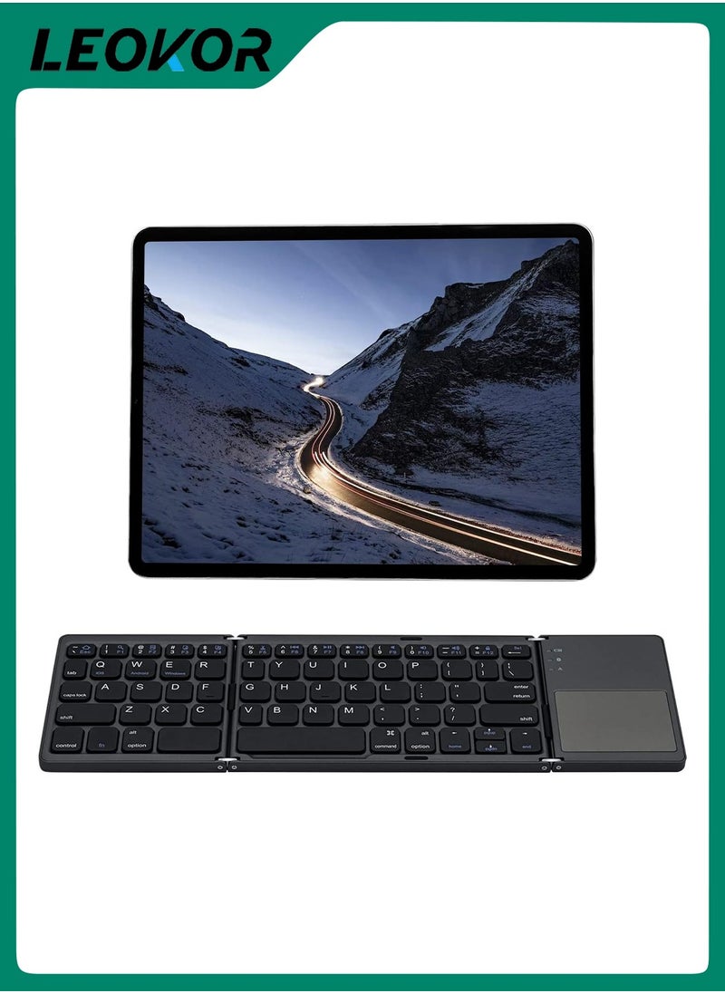 LEOKOR - Rechargeable Foldable Bluetooth Keyboard,Portable Folding Wireless Tri-Keyboard with Touchpad,for Mobile Device Compatible with Tablet/Mobile Phone/PC (Gray) - Image 1